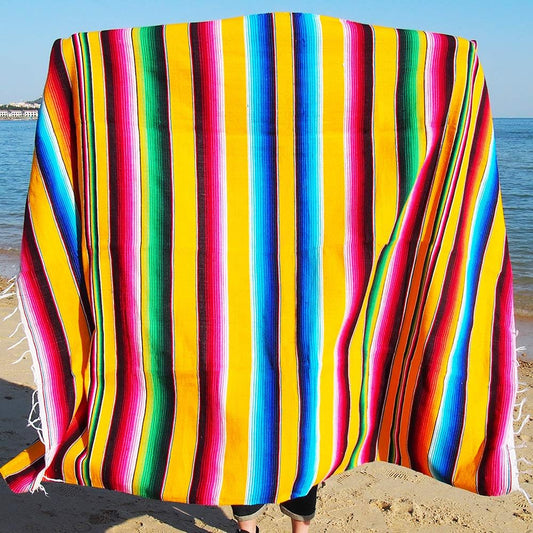 84 x 59 Inch Mexican Tablecloth for Wedding Party Decorations, Large Square Fringe Cotton Serape Blanket Bright Colors Table Cover Table Cloth Picnic Mat (Yellow)