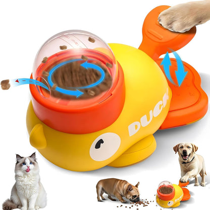 Interactive Dog Treat Dispenser Toy, Duck Shape Puzzle Feeder with Press Button and Rotating Design, Yellow and Orange, Slow Feeding Game for Dogs and Cats