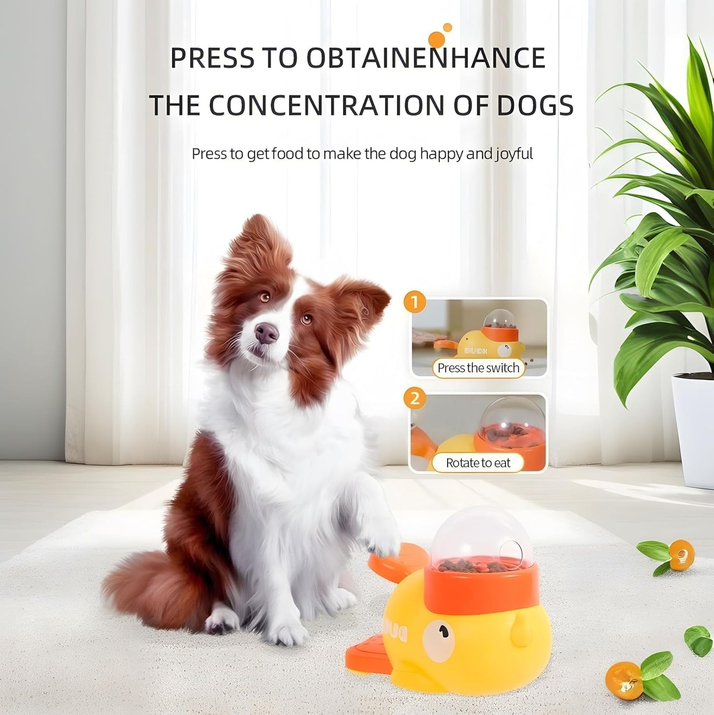 Interactive Dog Treat Dispenser Toy, Duck Shape Puzzle Feeder with Press Button and Rotating Design, Yellow and Orange, Slow Feeding Game for Dogs and Cats