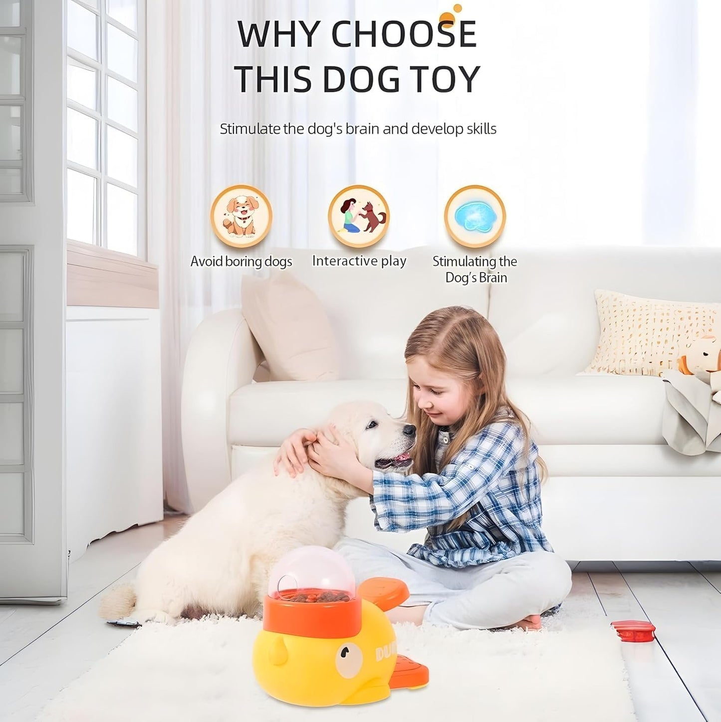 Interactive Dog Treat Dispenser Toy, Duck Shape Puzzle Feeder with Press Button and Rotating Design, Yellow and Orange, Slow Feeding Game for Dogs and Cats