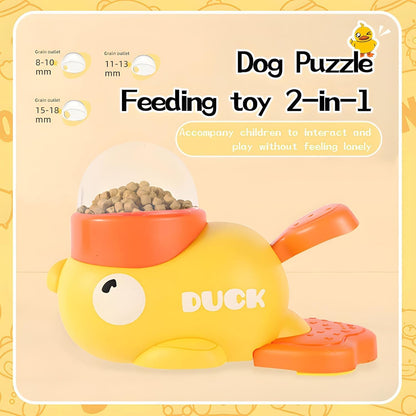 Interactive Dog Treat Dispenser Toy, Duck Shape Puzzle Feeder with Press Button and Rotating Design, Yellow and Orange, Slow Feeding Game for Dogs and Cats
