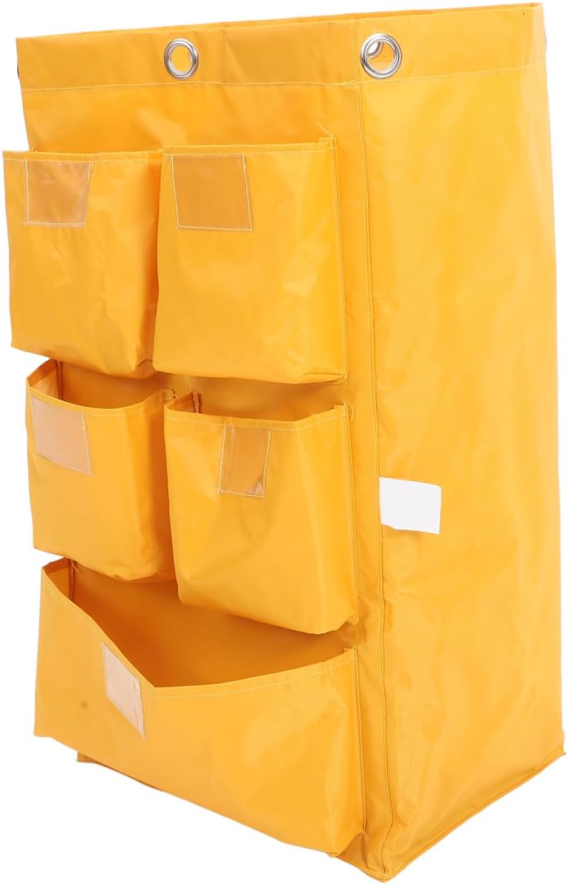 Waterproof Janitorial Cleaning Cart Bag 5 Pockets, Yellow Fabric Storage Bag for Housekeeping Carts and Trash Collection, Replacement Cleaning Supply Organizer for Commercial Use