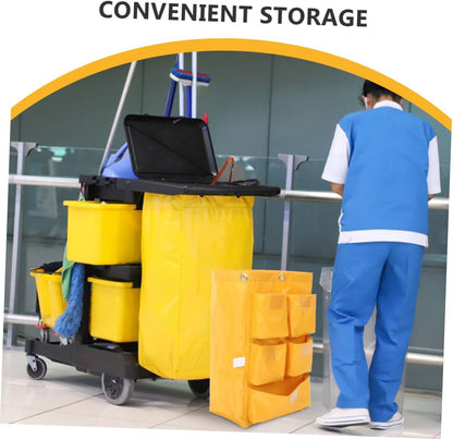 Waterproof Janitorial Cleaning Cart Bag 5 Pockets, Yellow Fabric Storage Bag for Housekeeping Carts and Trash Collection, Replacement Cleaning Supply Organizer for Commercial Use