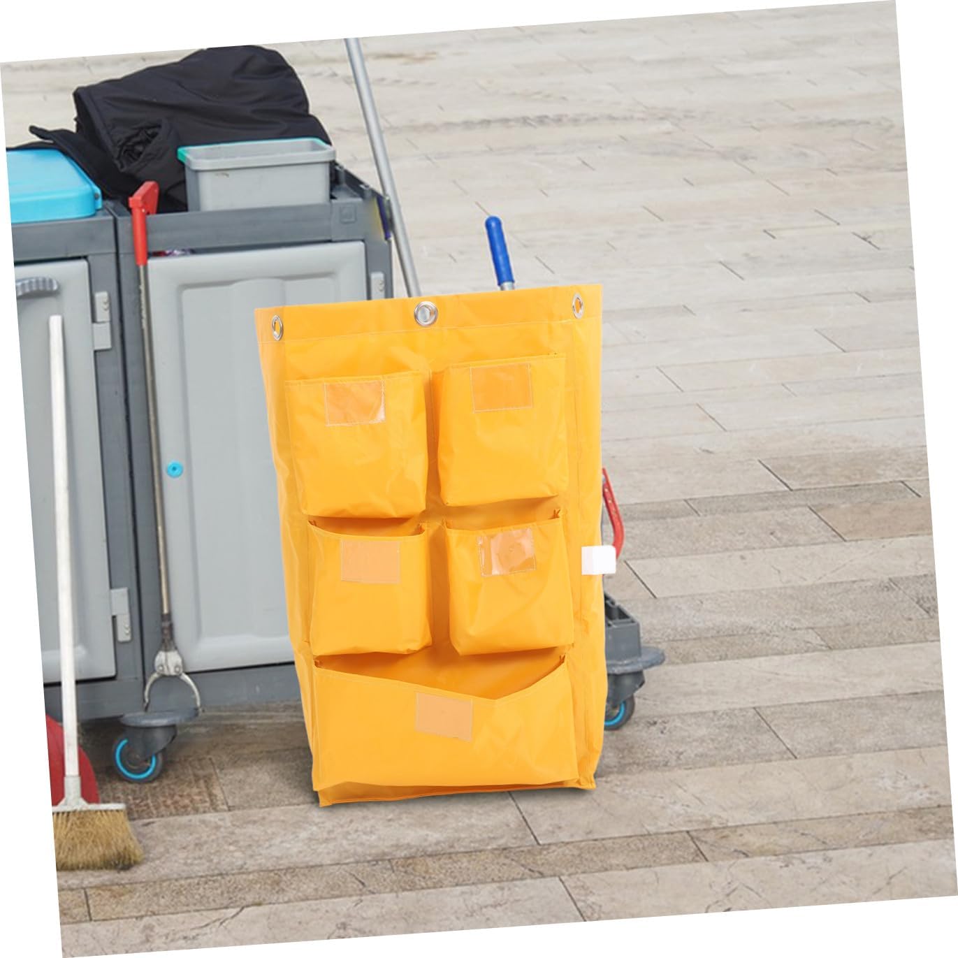 Waterproof Janitorial Cleaning Cart Bag 5 Pockets, Yellow Fabric Storage Bag for Housekeeping Carts and Trash Collection, Replacement Cleaning Supply Organizer for Commercial Use