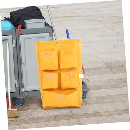 Waterproof Janitorial Cleaning Cart Bag 5 Pockets, Yellow Fabric Storage Bag for Housekeeping Carts and Trash Collection, Replacement Cleaning Supply Organizer for Commercial Use
