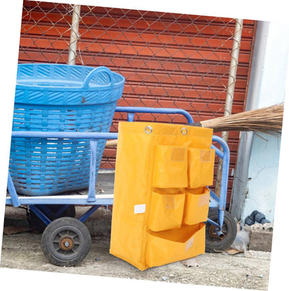 Waterproof Janitorial Cleaning Cart Bag 5 Pockets, Yellow Fabric Storage Bag for Housekeeping Carts and Trash Collection, Replacement Cleaning Supply Organizer for Commercial Use