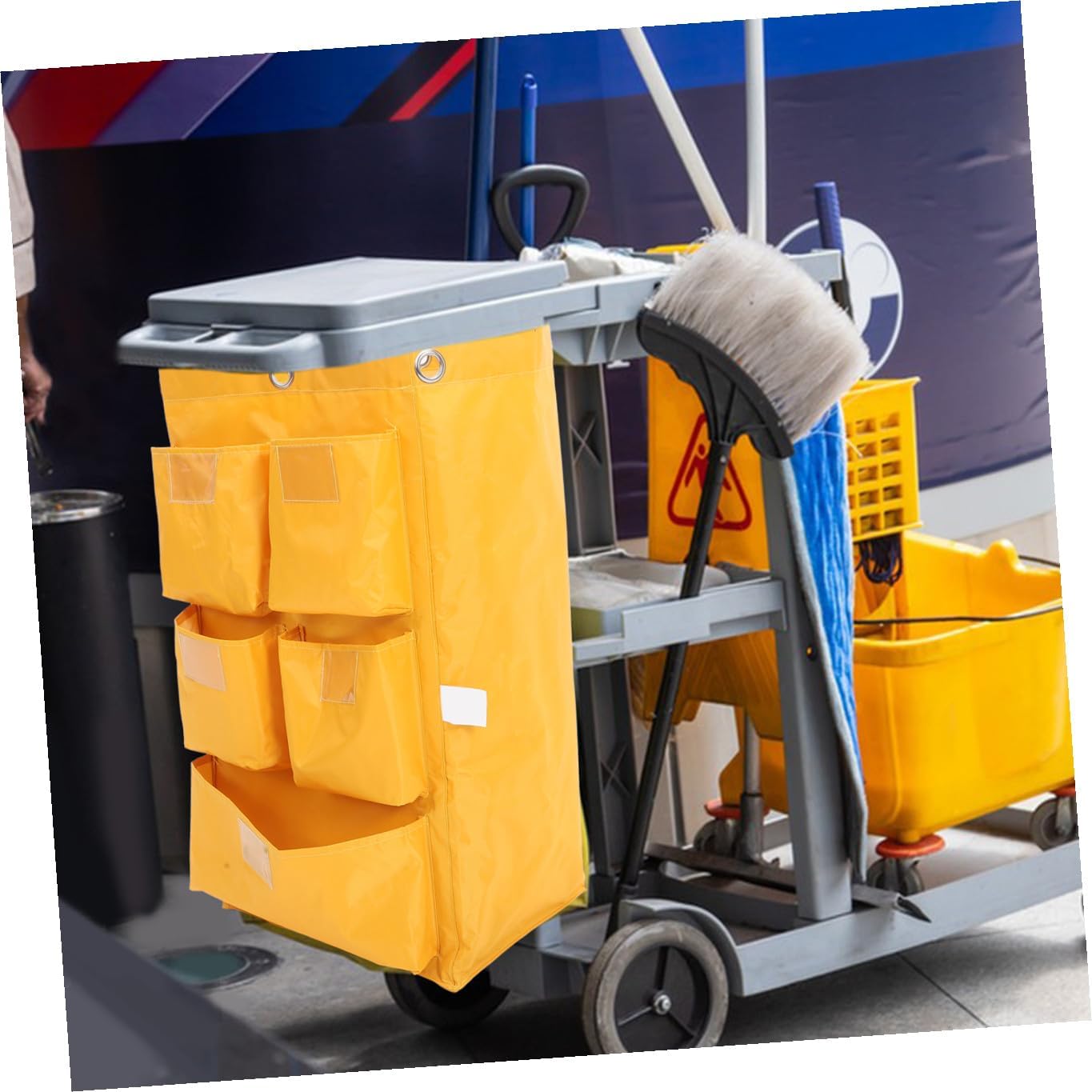 Waterproof Janitorial Cleaning Cart Bag 5 Pockets, Yellow Fabric Storage Bag for Housekeeping Carts and Trash Collection, Replacement Cleaning Supply Organizer for Commercial Use