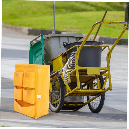 Waterproof Janitorial Cleaning Cart Bag 5 Pockets, Yellow Fabric Storage Bag for Housekeeping Carts and Trash Collection, Replacement Cleaning Supply Organizer for Commercial Use