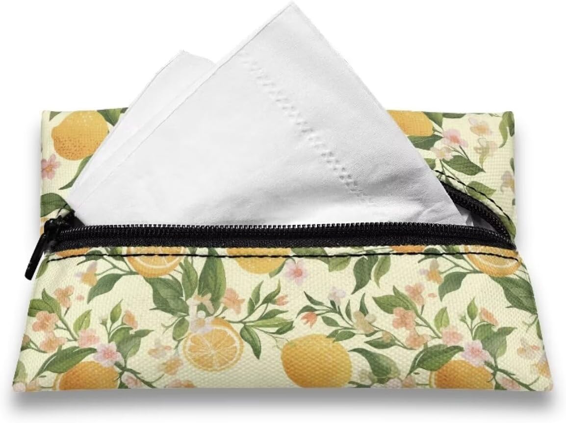 Lemon Decorative Tissue Box Cover Cute Pocket Tissue Holder for Car Zipper Enclosed Portable Reusable Travel Tissue Pouch for Purse Leak-Proof Tissue Holder for On-The-Go