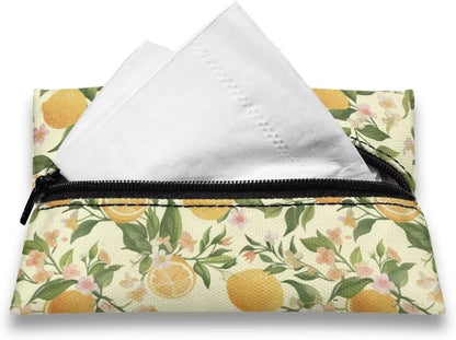 Lemon Decorative Tissue Box Cover Cute Pocket Tissue Holder for Car Zipper Enclosed Portable Reusable Travel Tissue Pouch for Purse Leak-Proof Tissue Holder for On-The-Go