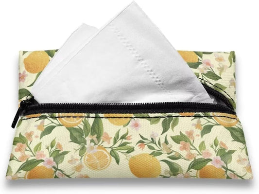 Lemon Decorative Tissue Box Cover Cute Pocket Tissue Holder for Car Zipper Enclosed Portable Reusable Travel Tissue Pouch for Purse Leak-Proof Tissue Holder for On-The-Go