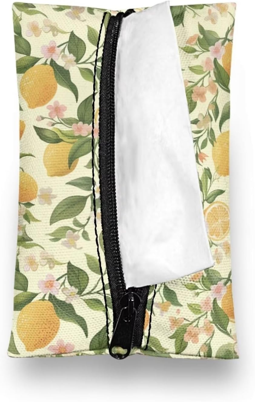 Lemon Decorative Tissue Box Cover Cute Pocket Tissue Holder for Car Zipper Enclosed Portable Reusable Travel Tissue Pouch for Purse Leak-Proof Tissue Holder for On-The-Go