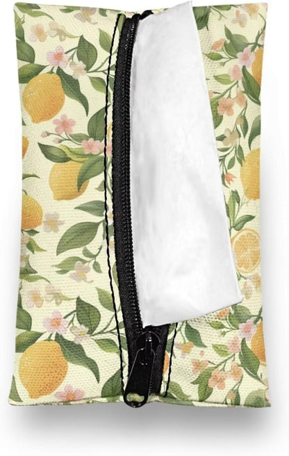 Lemon Decorative Tissue Box Cover Cute Pocket Tissue Holder for Car Zipper Enclosed Portable Reusable Travel Tissue Pouch for Purse Leak-Proof Tissue Holder for On-The-Go