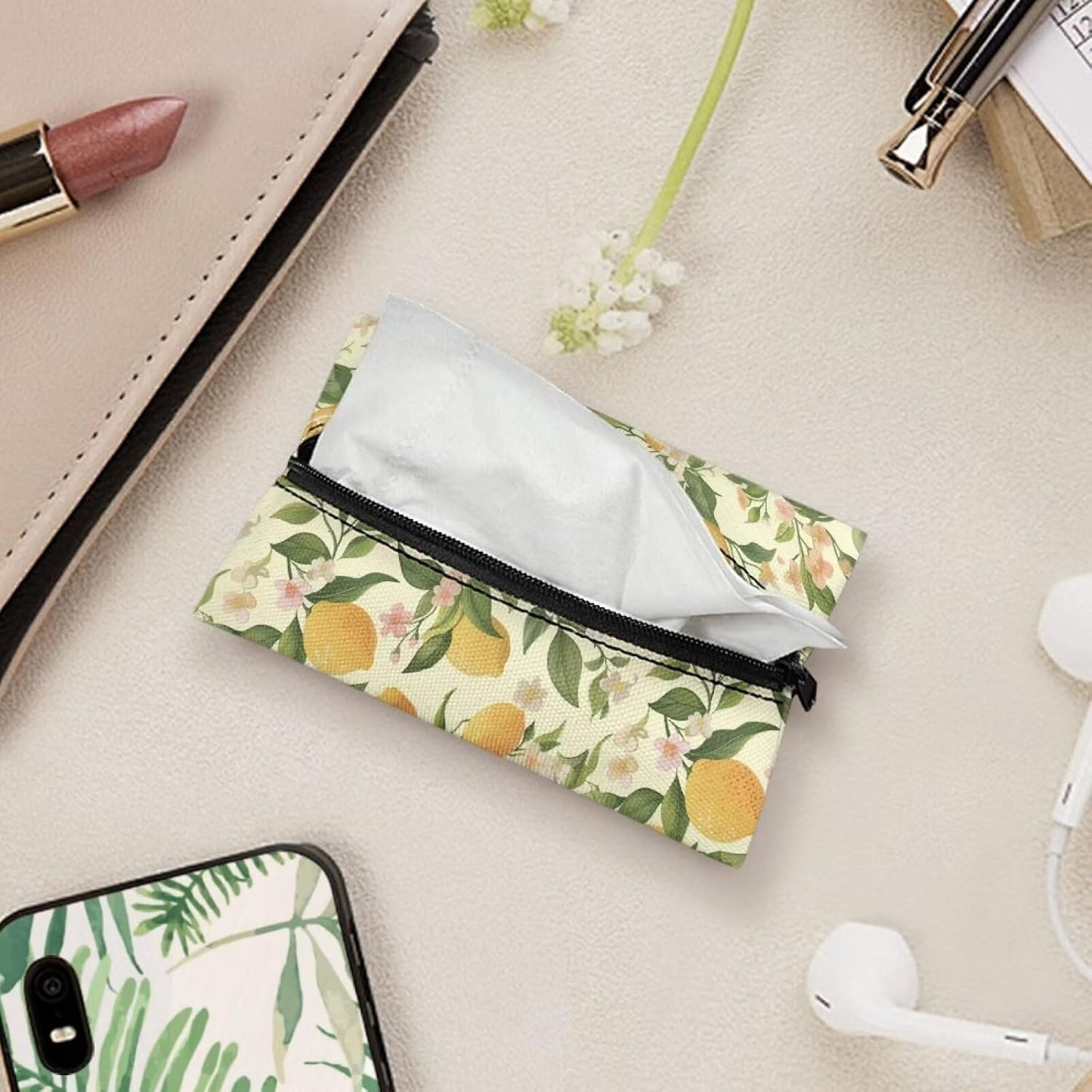 Lemon Decorative Tissue Box Cover Cute Pocket Tissue Holder for Car Zipper Enclosed Portable Reusable Travel Tissue Pouch for Purse Leak-Proof Tissue Holder for On-The-Go