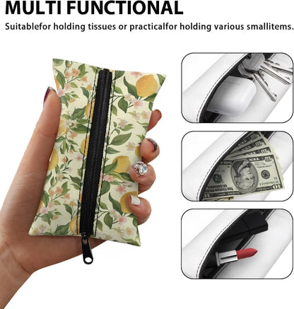 Lemon Decorative Tissue Box Cover Cute Pocket Tissue Holder for Car Zipper Enclosed Portable Reusable Travel Tissue Pouch for Purse Leak-Proof Tissue Holder for On-The-Go