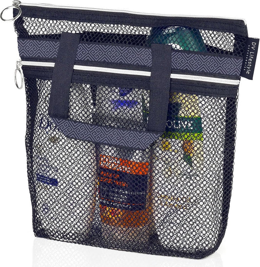 Mesh Shower Bag 10.2x9.9'' Quick-Dry Caddy with Zipper & 2 Pockets. Portable Toiletry Tote for Bathroom, Gym, Travel, Camp, Beach, for Sunscreen, Dorm & College Essentials (Yellow)