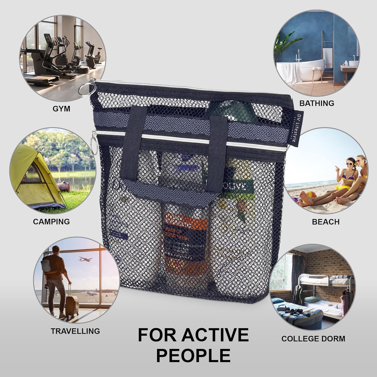 Mesh Shower Bag 10.2x9.9'' Quick-Dry Caddy with Zipper & 2 Pockets. Portable Toiletry Tote for Bathroom, Gym, Travel, Camp, Beach, for Sunscreen, Dorm & College Essentials (Yellow)