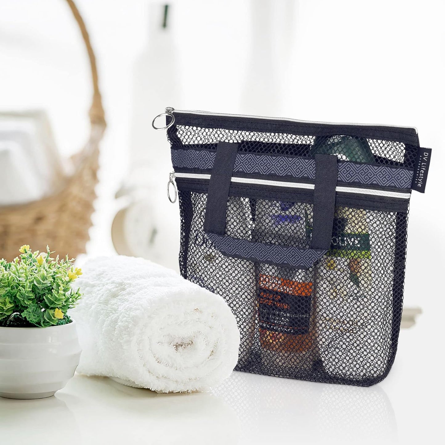 Mesh Shower Bag 10.2x9.9'' Quick-Dry Caddy with Zipper & 2 Pockets. Portable Toiletry Tote for Bathroom, Gym, Travel, Camp, Beach, for Sunscreen, Dorm & College Essentials (Yellow)