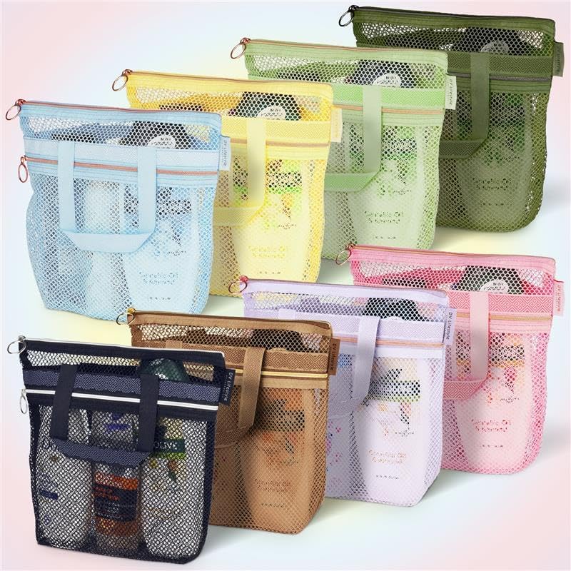 Mesh Shower Bag 10.2x9.9'' Quick-Dry Caddy with Zipper & 2 Pockets. Portable Toiletry Tote for Bathroom, Gym, Travel, Camp, Beach, for Sunscreen, Dorm & College Essentials (Yellow)