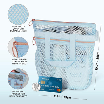 Mesh Shower Bag 10.2x9.9'' Quick-Dry Caddy with Zipper & 2 Pockets. Portable Toiletry Tote for Bathroom, Gym, Travel, Camp, Beach, for Sunscreen, Dorm & College Essentials (Yellow)