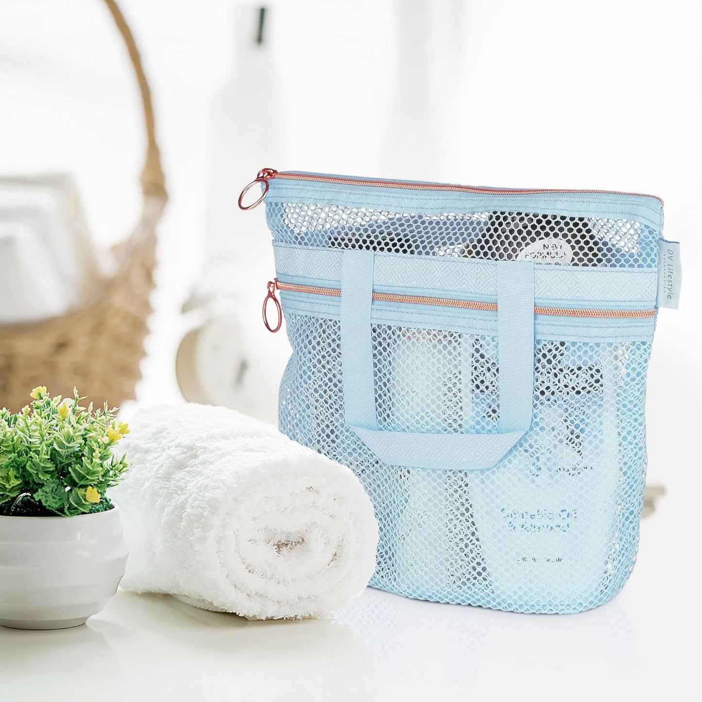 Mesh Shower Bag 10.2x9.9'' Quick-Dry Caddy with Zipper & 2 Pockets. Portable Toiletry Tote for Bathroom, Gym, Travel, Camp, Beach, for Sunscreen, Dorm & College Essentials (Yellow)