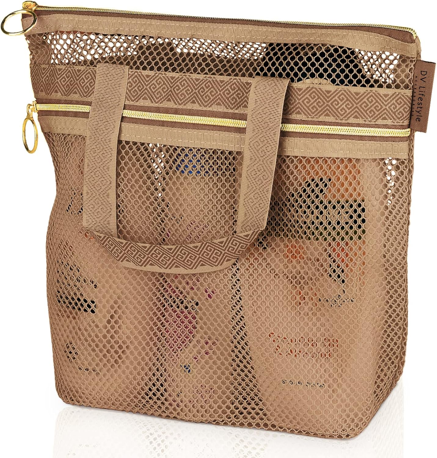 Mesh Shower Bag 10.2x9.9'' Quick-Dry Caddy with Zipper & 2 Pockets. Portable Toiletry Tote for Bathroom, Gym, Travel, Camp, Beach, for Sunscreen, Dorm & College Essentials (Yellow)