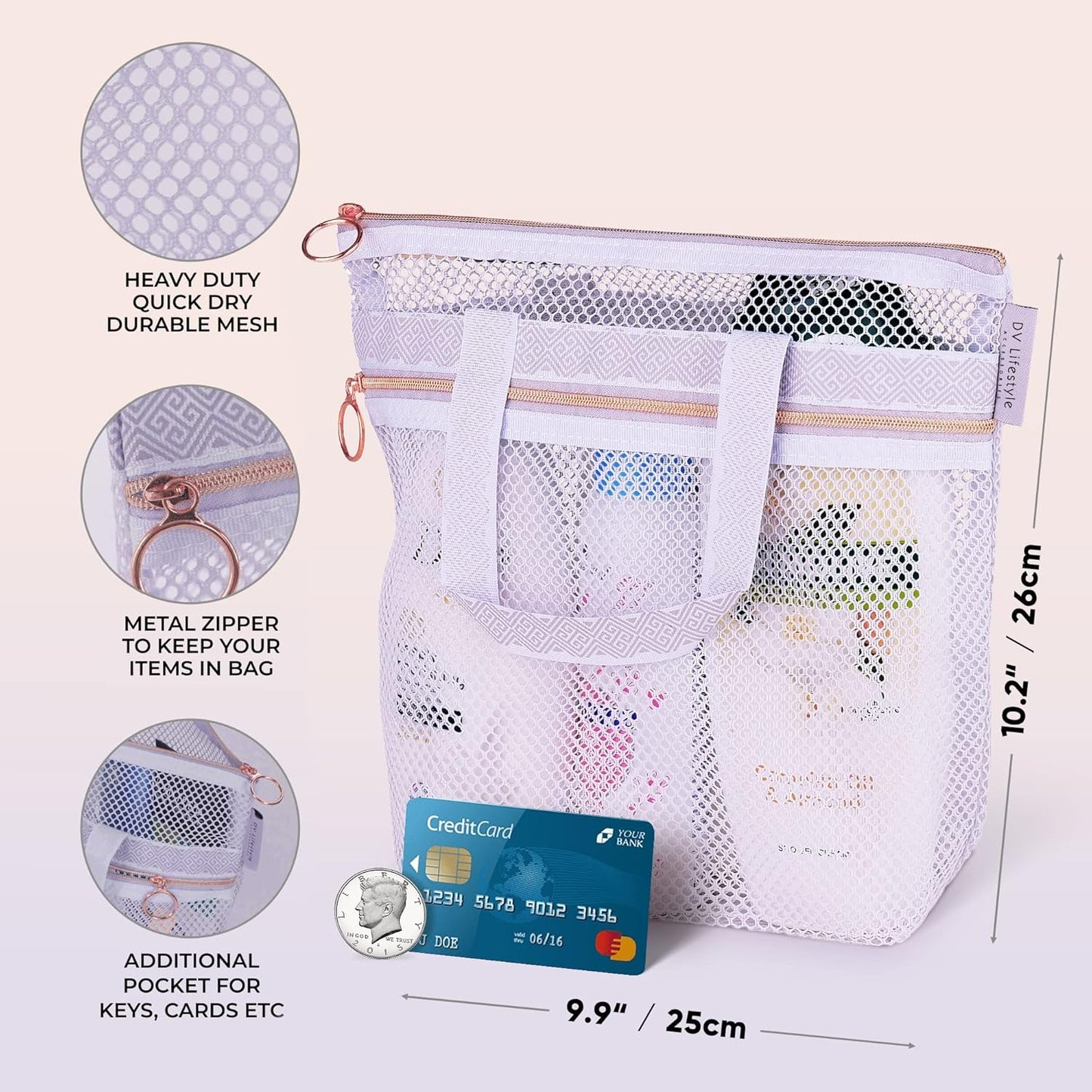 Mesh Shower Bag 10.2x9.9'' Quick-Dry Caddy with Zipper & 2 Pockets. Portable Toiletry Tote for Bathroom, Gym, Travel, Camp, Beach, for Sunscreen, Dorm & College Essentials (Yellow)