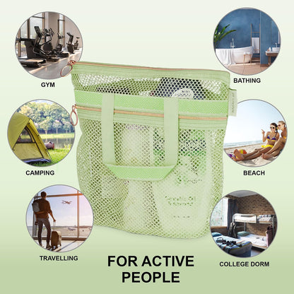 Mesh Shower Bag 10.2x9.9'' Quick-Dry Caddy with Zipper & 2 Pockets. Portable Toiletry Tote for Bathroom, Gym, Travel, Camp, Beach, for Sunscreen, Dorm & College Essentials (Yellow)