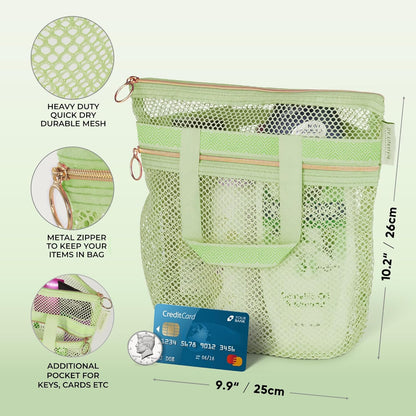 Mesh Shower Bag 10.2x9.9'' Quick-Dry Caddy with Zipper & 2 Pockets. Portable Toiletry Tote for Bathroom, Gym, Travel, Camp, Beach, for Sunscreen, Dorm & College Essentials (Yellow)