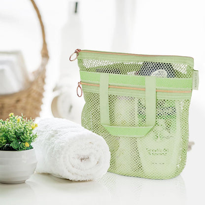Mesh Shower Bag 10.2x9.9'' Quick-Dry Caddy with Zipper & 2 Pockets. Portable Toiletry Tote for Bathroom, Gym, Travel, Camp, Beach, for Sunscreen, Dorm & College Essentials (Yellow)