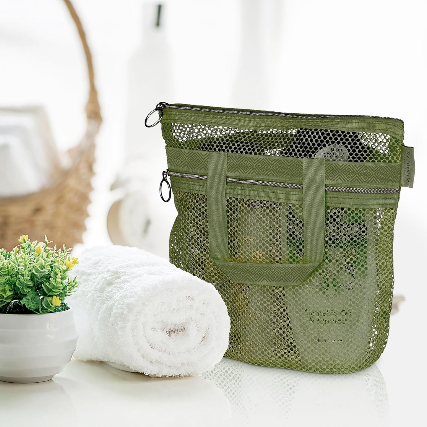 Mesh Shower Bag 10.2x9.9'' Quick-Dry Caddy with Zipper & 2 Pockets. Portable Toiletry Tote for Bathroom, Gym, Travel, Camp, Beach, for Sunscreen, Dorm & College Essentials (Yellow)
