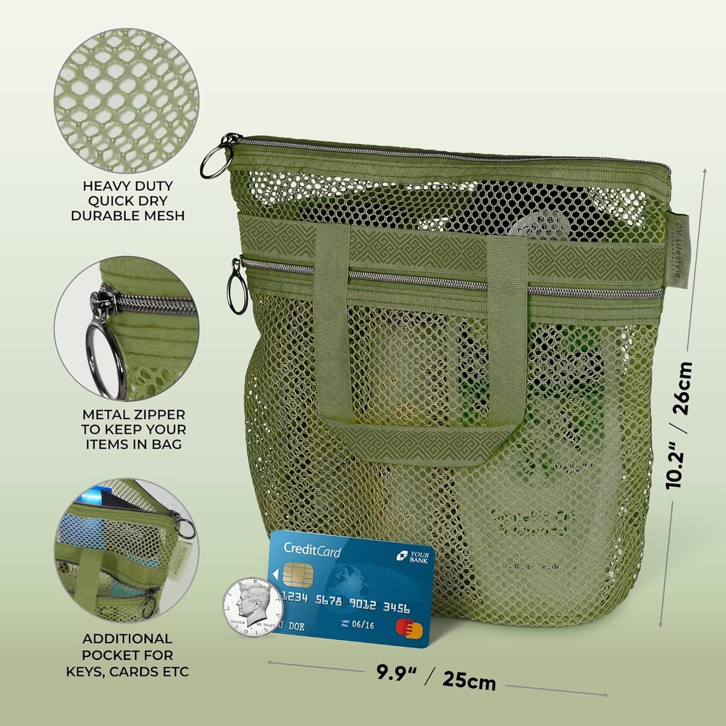 Mesh Shower Bag 10.2x9.9'' Quick-Dry Caddy with Zipper & 2 Pockets. Portable Toiletry Tote for Bathroom, Gym, Travel, Camp, Beach, for Sunscreen, Dorm & College Essentials (Yellow)