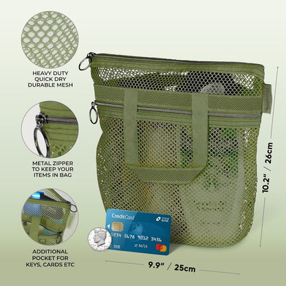 Mesh Shower Bag 10.2x9.9'' Quick-Dry Caddy with Zipper & 2 Pockets. Portable Toiletry Tote for Bathroom, Gym, Travel, Camp, Beach, for Sunscreen, Dorm & College Essentials (Yellow)