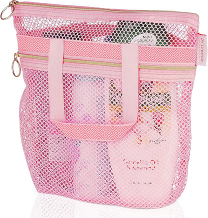 Mesh Shower Bag 10.2x9.9'' Quick-Dry Caddy with Zipper & 2 Pockets. Portable Toiletry Tote for Bathroom, Gym, Travel, Camp, Beach, for Sunscreen, Dorm & College Essentials (Yellow)