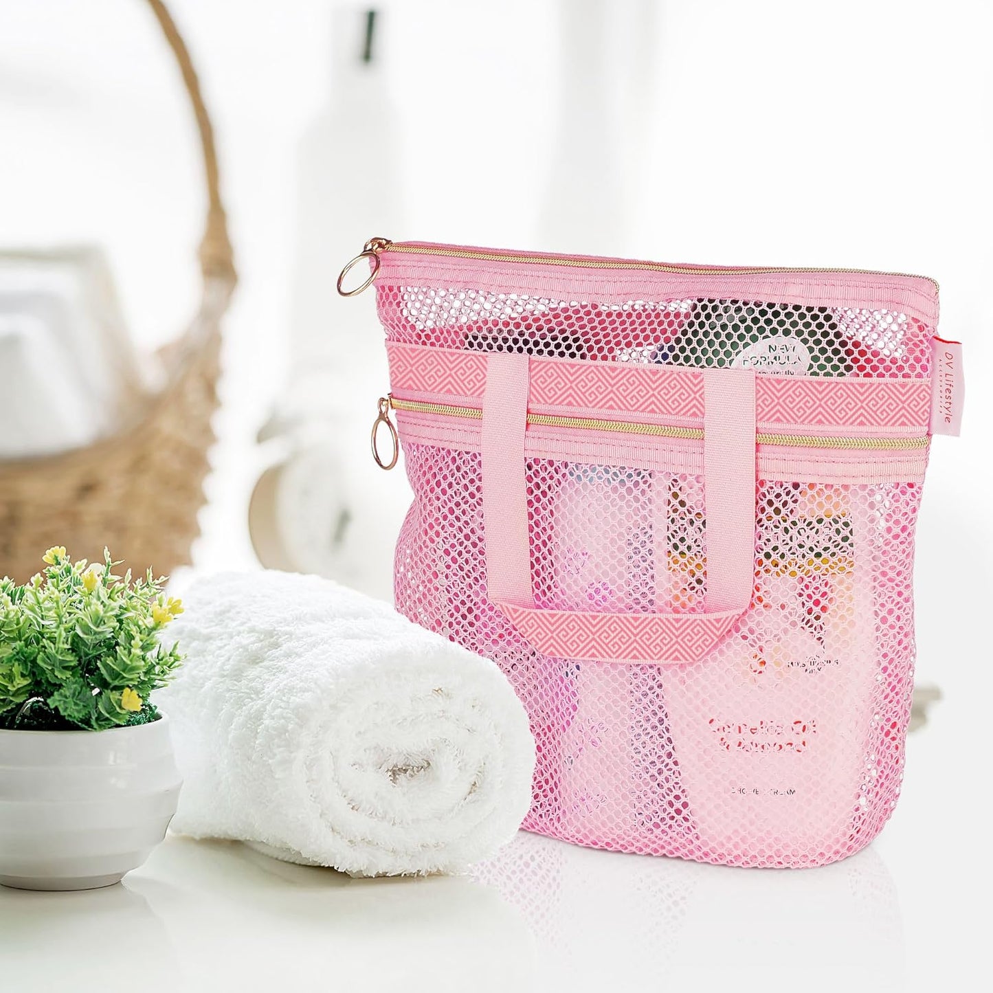 Mesh Shower Bag 10.2x9.9'' Quick-Dry Caddy with Zipper & 2 Pockets. Portable Toiletry Tote for Bathroom, Gym, Travel, Camp, Beach, for Sunscreen, Dorm & College Essentials (Yellow)
