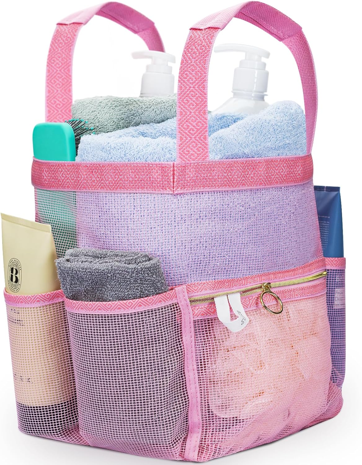 Mesh Shower Bag 10.2x9.9'' Quick-Dry Caddy with Zipper & 2 Pockets. Portable Toiletry Tote for Bathroom, Gym, Travel, Camp, Beach, for Sunscreen, Dorm & College Essentials (Yellow)
