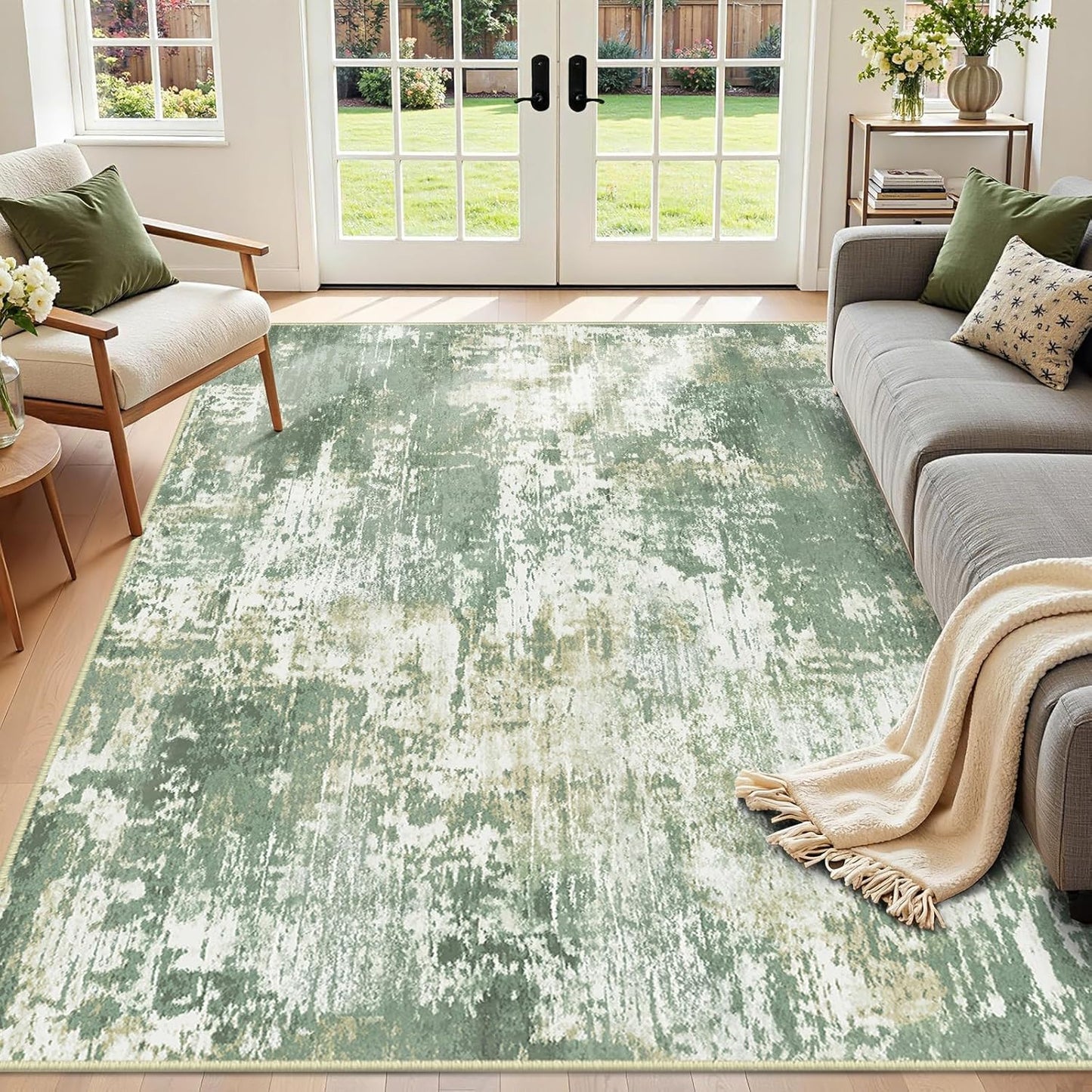 Washable Area Rugs 6'x9' Non-Slip Modern Abstract Soft for Living Room Entryway Bedroom Kitchen, Print Pattern, Light Green/Yellow