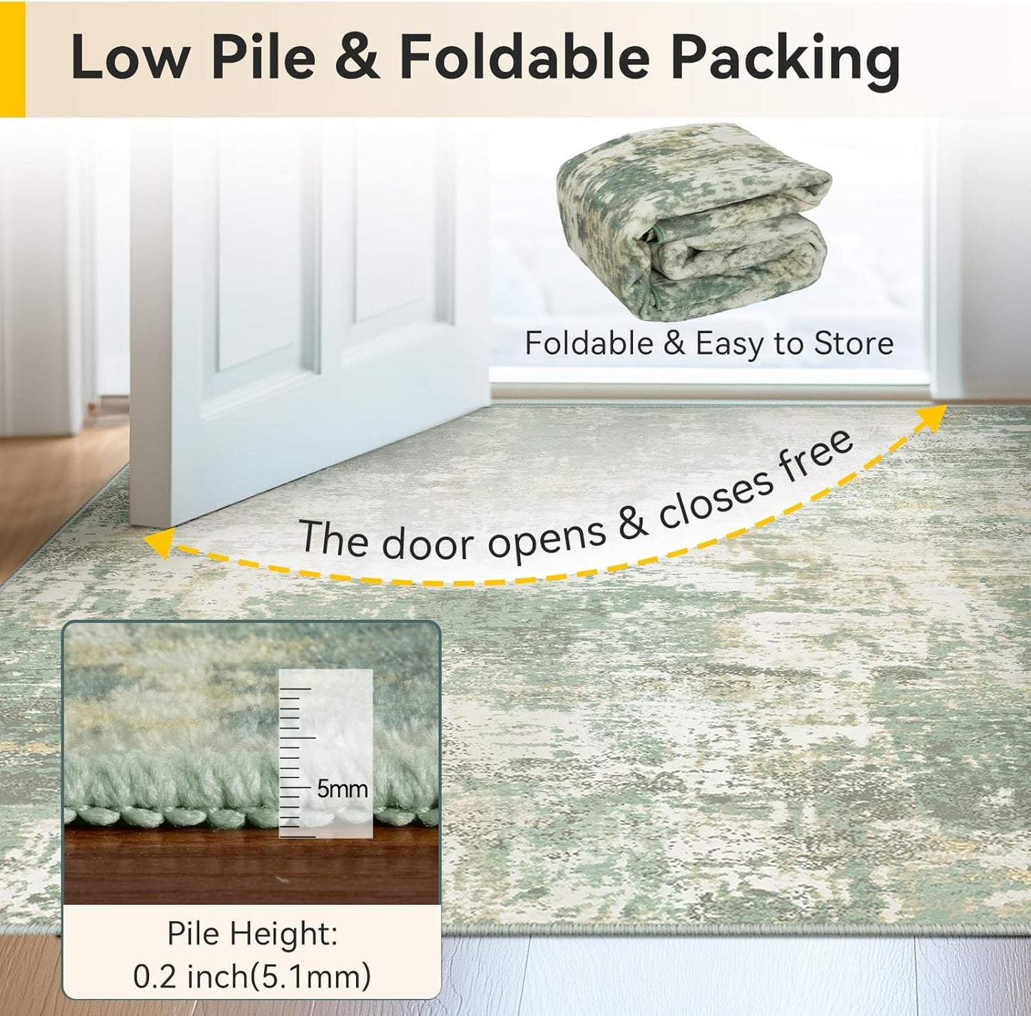 Washable Area Rugs 6'x9' Non-Slip Modern Abstract Soft for Living Room Entryway Bedroom Kitchen, Print Pattern, Light Green/Yellow