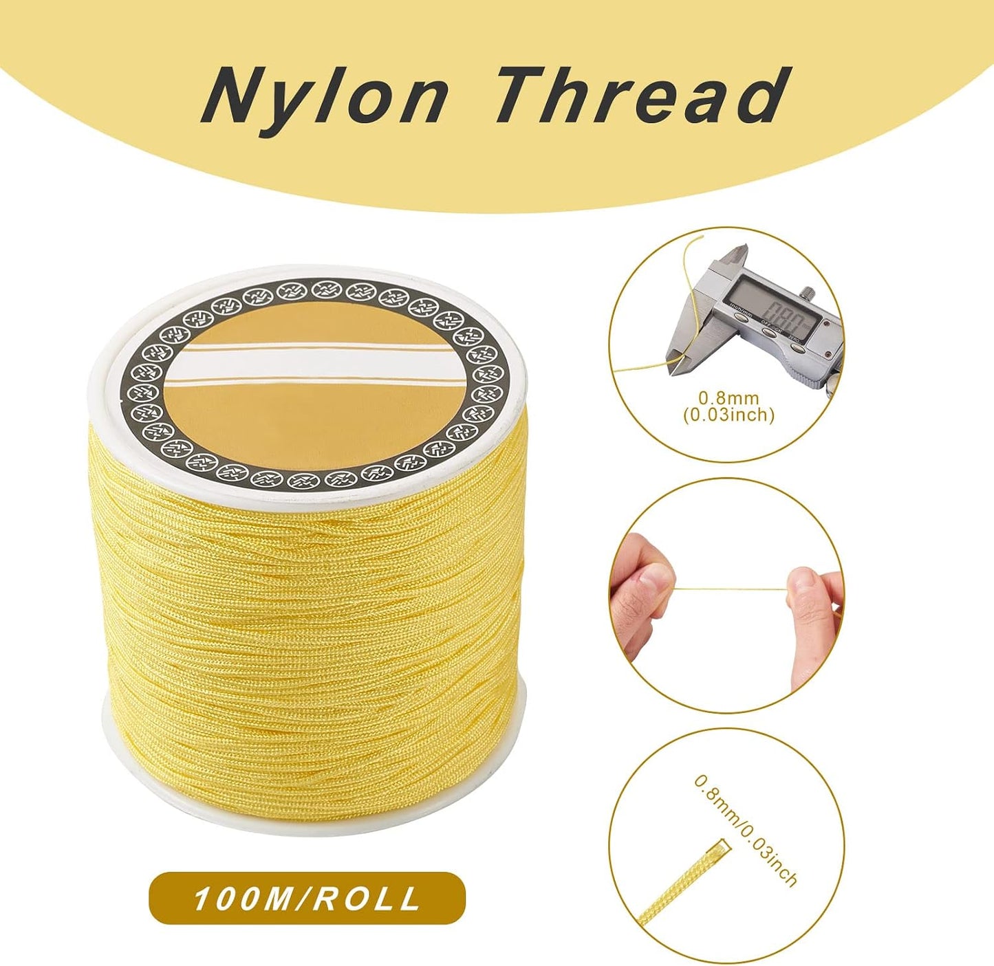 100M 0.8mm Nylon Beading Cord Yellow Chinese Knotting Rattail Macrame Thread String Roll for Jewelry Making Kumihimo Wrapping Supplies DIY Crafts