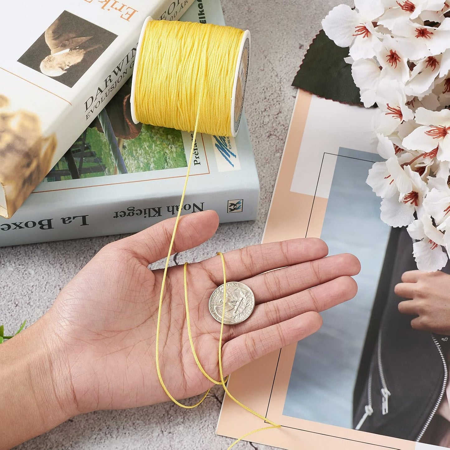 100M 0.8mm Nylon Beading Cord Yellow Chinese Knotting Rattail Macrame Thread String Roll for Jewelry Making Kumihimo Wrapping Supplies DIY Crafts