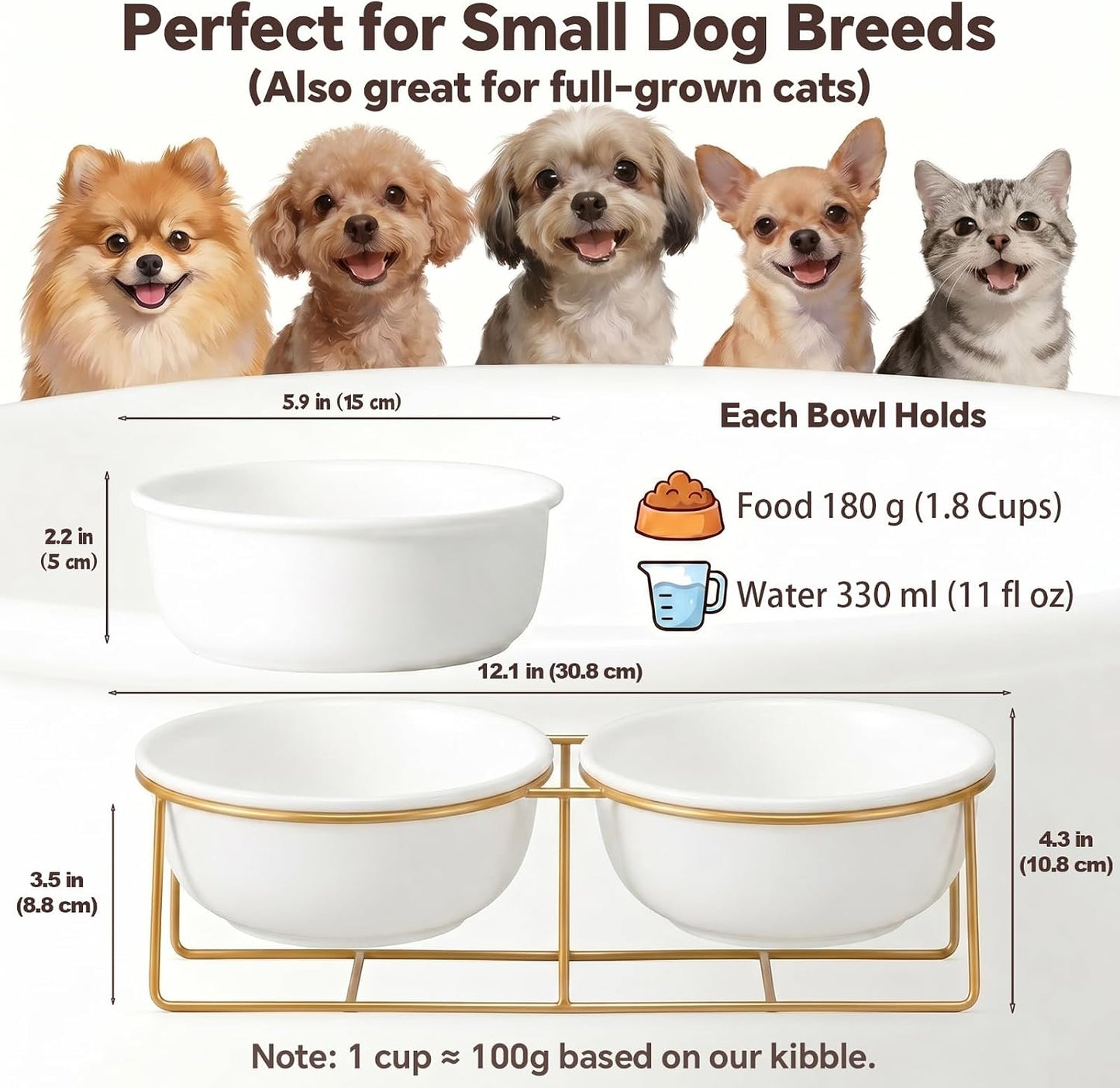 Elevated Dog Bowls for Small Dogs - 2 Ceramic Bowls with Gold Iron Stand - Raised Pet Dish Set for Food and Water - Comfortable Feeding