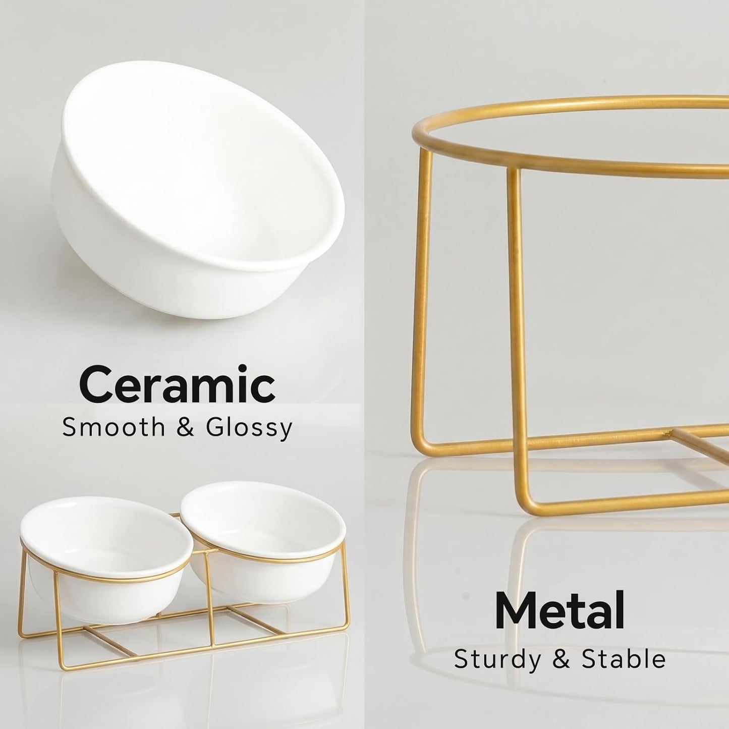 Elevated Dog Bowls for Small Dogs - 2 Ceramic Bowls with Gold Iron Stand - Raised Pet Dish Set for Food and Water - Comfortable Feeding