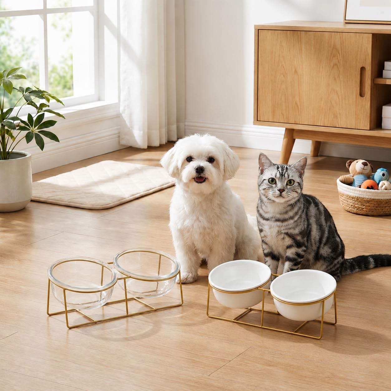 Elevated Dog Bowls for Small Dogs - 2 Ceramic Bowls with Gold Iron Stand - Raised Pet Dish Set for Food and Water - Comfortable Feeding