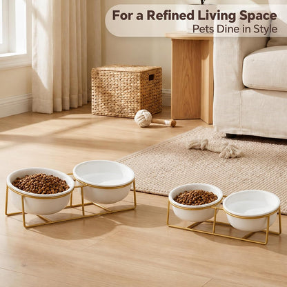 Elevated Dog Bowls for Small Dogs - 2 Ceramic Bowls with Gold Iron Stand - Raised Pet Dish Set for Food and Water - Comfortable Feeding