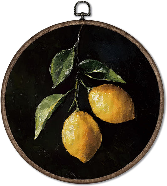 Vintage Lemon Framed Wall Art, Lemon Kitchen Decor, Dark Lemons Round Canvas Prints Wall Art, Lemons Wall Hanging Decor for Kitchen Bedroom Gallery, 10x10inch