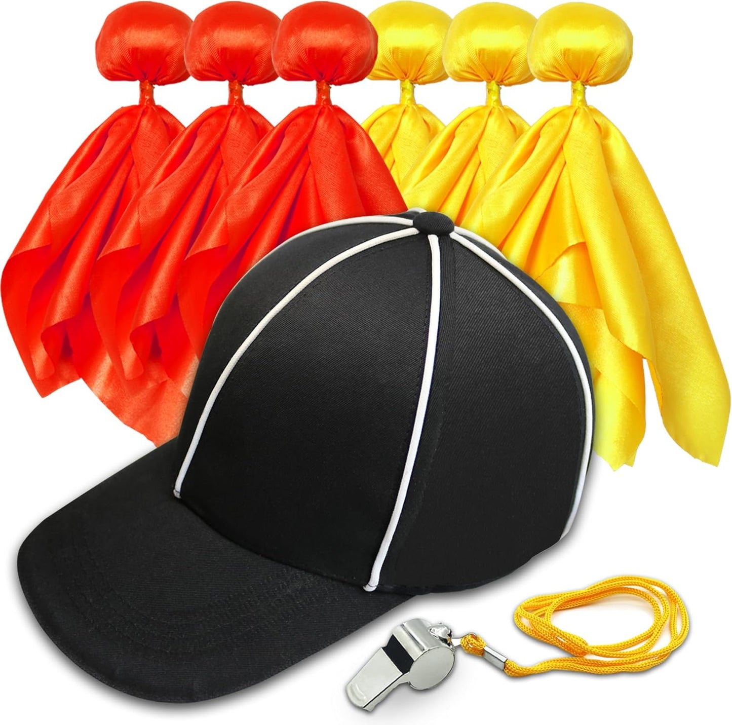 8 Pcs Challenge Flag Referee Hat Set,Tossing Flags Sports Fan Set Penalty Flag Party Accessory (3 Yellow and 3 Red),Official Football Hat and Stainless Steel Whistle,Referee Costume cap set1