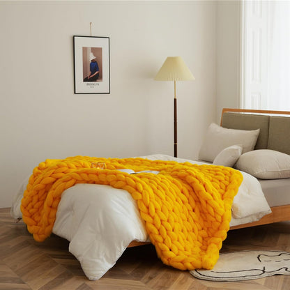 Chunky Knit Blanket Throw White Crochet Merino Wool Throw Blanket Handmade Cozy Big Cable Knit Throw Blanket Boho Bedroom Decor Soft Fluffy Chunky Blanket,Yellow,50x50cm/19x19in