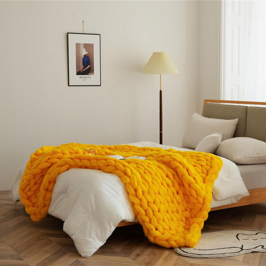 Chunky Knit Blanket Throw White Crochet Merino Wool Throw Blanket Handmade Cozy Big Cable Knit Throw Blanket Boho Bedroom Decor Soft Fluffy Chunky Blanket,Yellow,50x50cm/19x19in