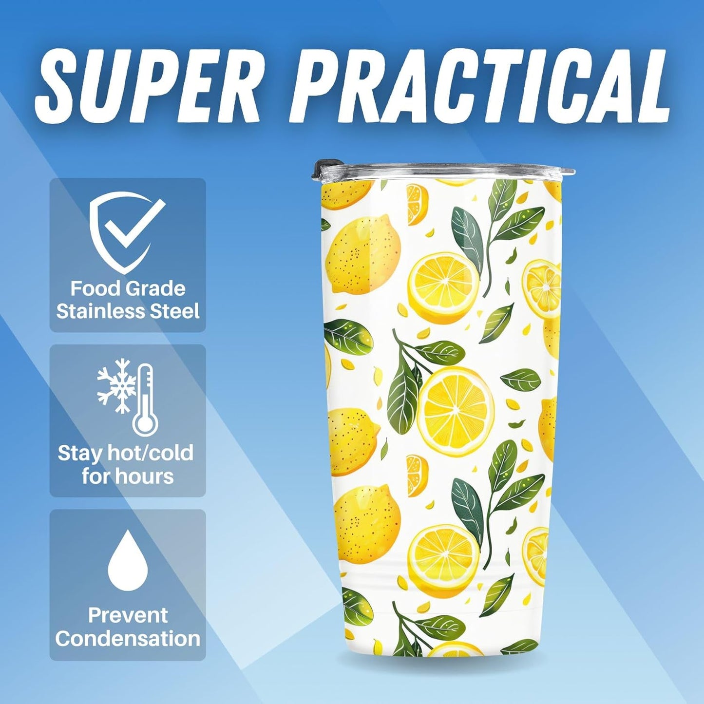 Lemon Gifts for Women Tumbler - Gifts for Lemon Lovers Insulated Travel Cup with Lid - Yellow Fruit Print Stainless Steel 20oz