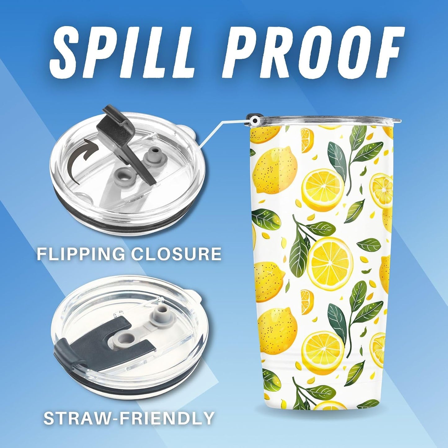 Lemon Gifts for Women Tumbler - Gifts for Lemon Lovers Insulated Travel Cup with Lid - Yellow Fruit Print Stainless Steel 20oz